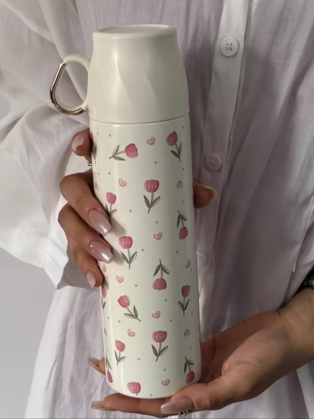 NIB 16.91oz Floral Pink Tulip Stainless Steel Bottle With Cup